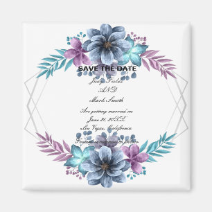 Blommigten Blått och Lila vattenfärg Spara datum Magnet