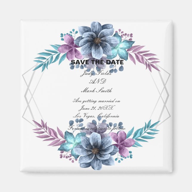 Blommigten Blått och Lila vattenfärg Spara datum Magnet (Framsidan)