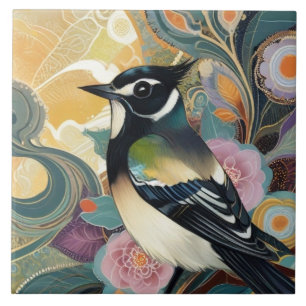 Blommigten Blommor för svart och vit fågelSnyggt Kakelplatta