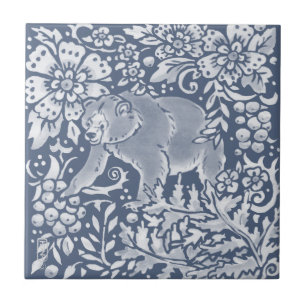 Blommigten Blue Bear Woodland Forest Animal Kakelplatta