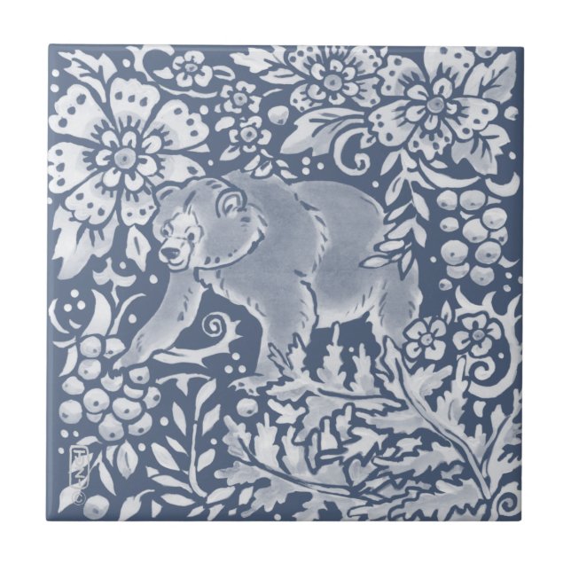 Blommigten Blue Bear Woodland Forest Animal Kakelplatta (Framsidan)