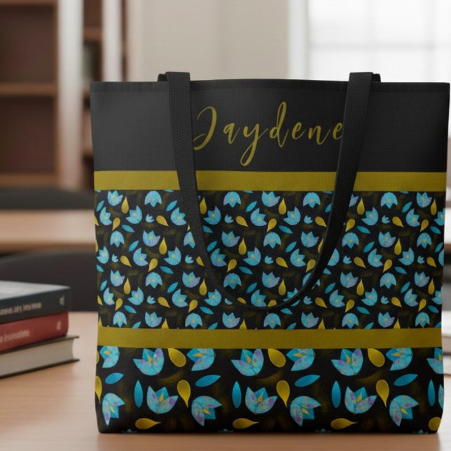 Blommigten Blue Black Guld Modern Anpassningsbar Tygkasse (Modern cute tulip flower school or work bag. Personalize it and make it yours.)