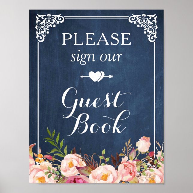 Blommigten Blue Chalkboard - signera vår gästbok Poster (Framsidan)