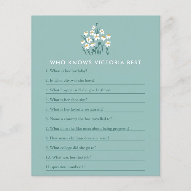 Blommigten Blue daisy - vackert babyduschspel Flygblad (Framsidan)