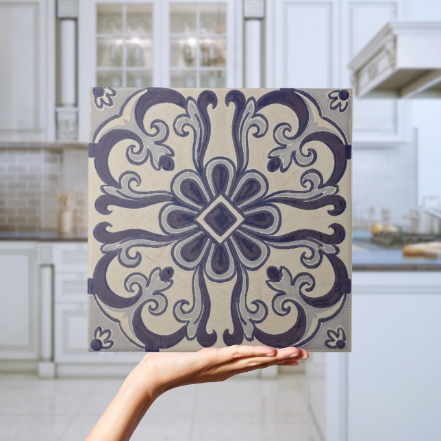 Blommigten Blue Geometric Azulejos Kakelplatta (Portuguese Blue Geometric Azulejos Floral Tile
)
