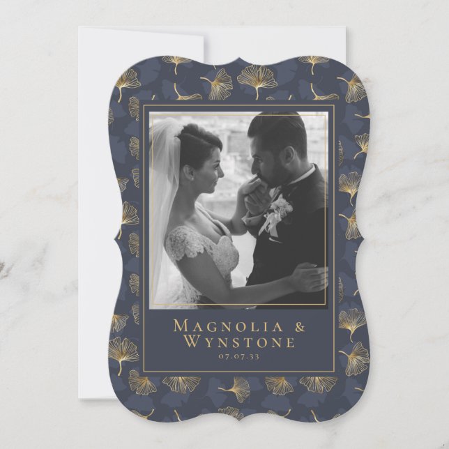 Blommigten Blue Gold Foil Elegant Photo Bröllop Ta Tack Kort (Framsida)