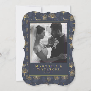 Blommigten Blue Gold Foil Elegant Photo Bröllop Ta Tack Kort