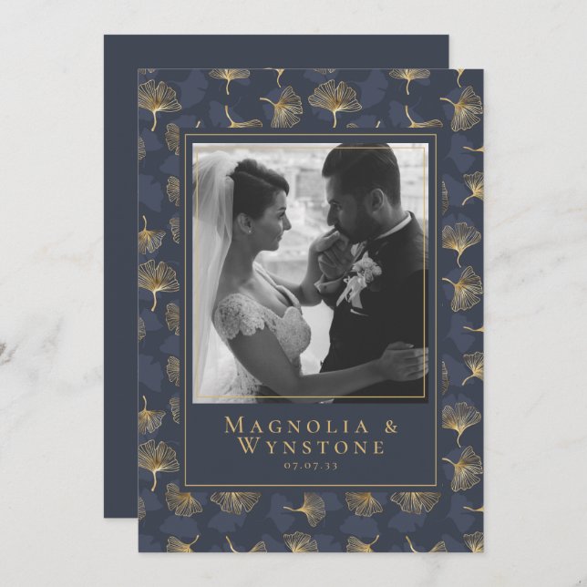 Blommigten Blue Gold Foil Elegant Photo Bröllop Tack Kort (Fram/baksida)
