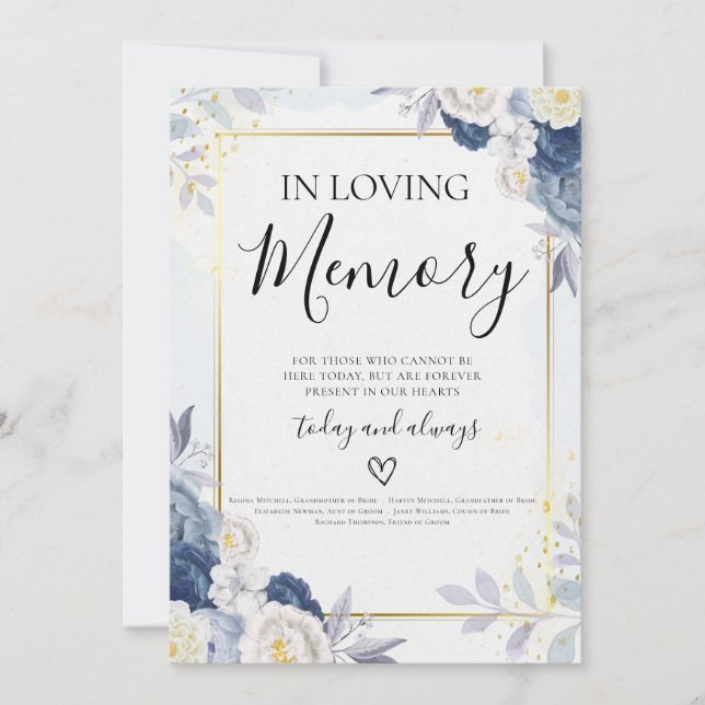 Blommigten Blue Guld i Loving Memory Bröllop Card (Framsida)
