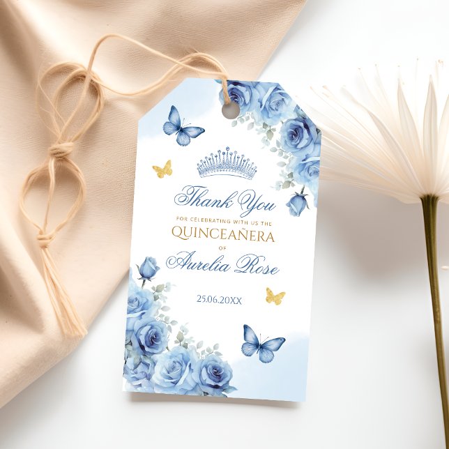 Blommigten Blue Guld Quinceanera Favor Tack Gift Presentetikett (Skapare uppladdad)