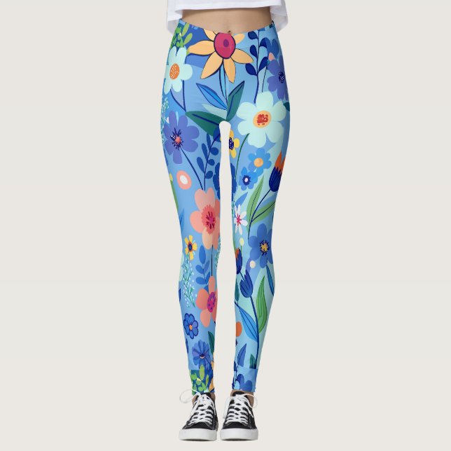 Blommigten Blue Meadow Pastel Anpassningsbar Mönst Leggings (Framsida)