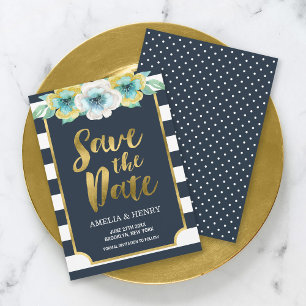 Blommigten Blue och Faux Guld Spara datuminbjudan Datumet