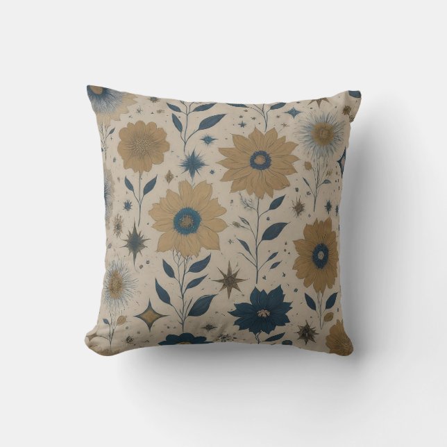 Blommigten Blue och Guld Kudde (Framsida)