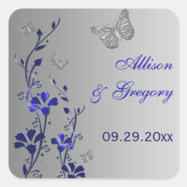 Blommigten Blue och Silver med Butterflies Sticker Fyrkantigt Klistermärke