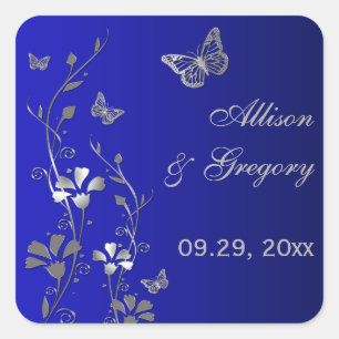 Blommigten Blue och Silver med Butterflies Sticker Fyrkantigt Klistermärke