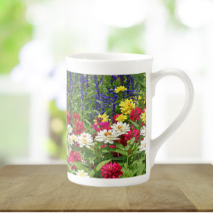 Blommigten Blue Salvia och Zinnia Garden Benporslin Mugg
