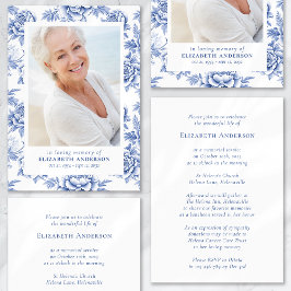 Blommigten Blue Toile Photo Funeral Inbjudningar