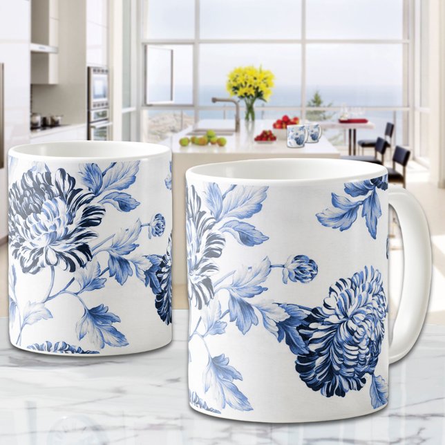 Blommigten Blue & White Vintage Dahlia Kaffemugg (Blue & White Vintage Dahlia Floral Coffee Mug)