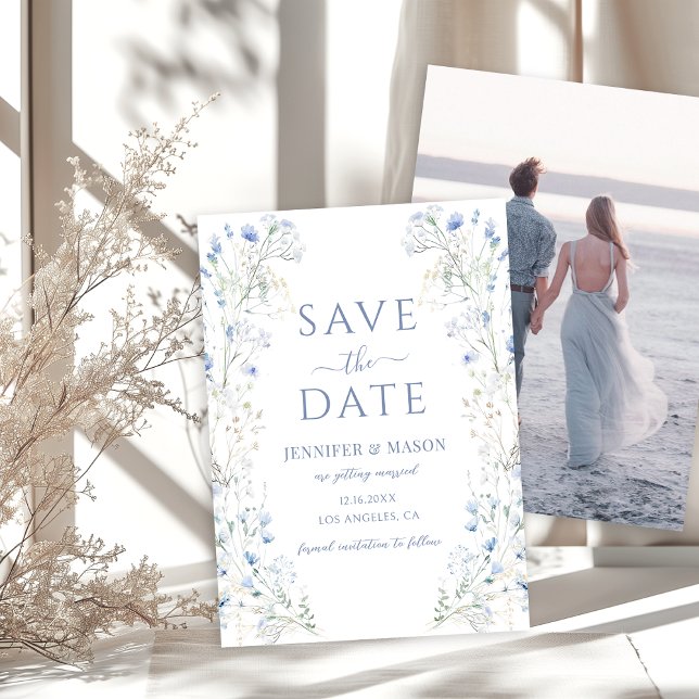 Blommigten Blue Wildblomma Boho Save Date Photo Inbjudningar (Skapare uppladdad)