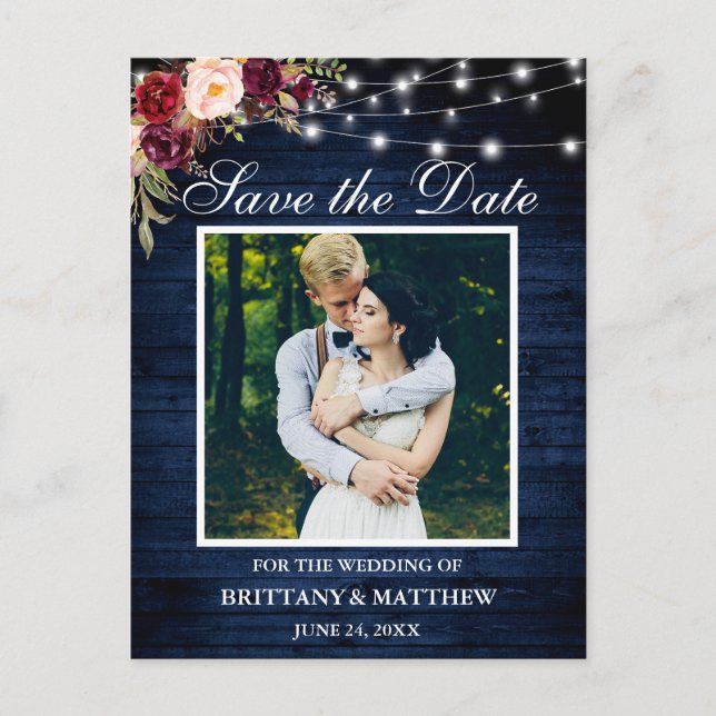 Blommigten Blue Wood Ljus Burgundy Spara datum Vykort (Framsida)