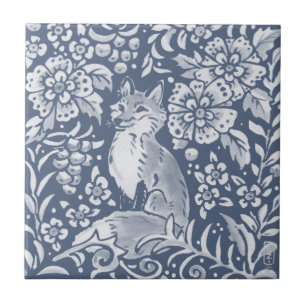 Blommigten Blue Woodland Fox Forest Animal Kakelplatta