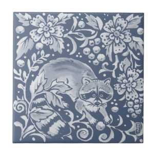 Blommigten Blue Woodland Raccoon Forest Animal Kakelplatta