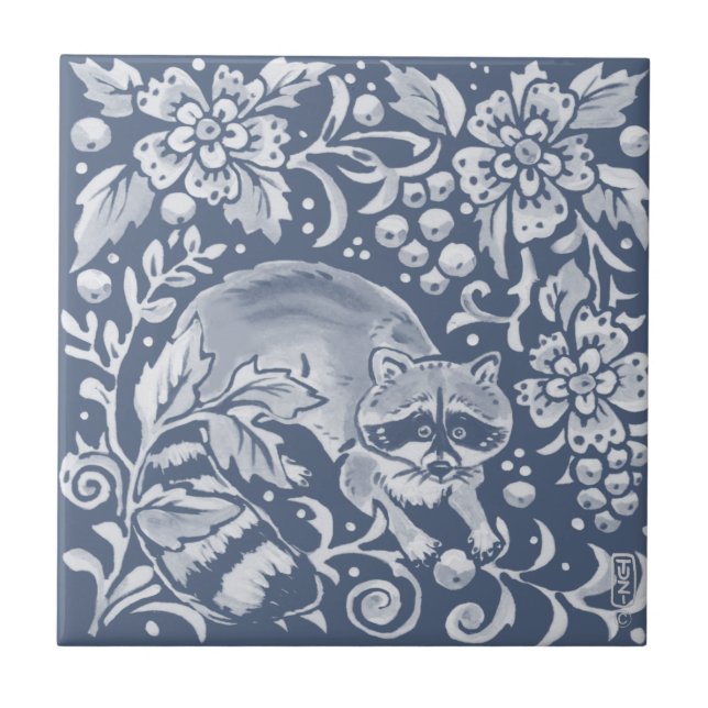 Blommigten Blue Woodland Raccoon Forest Animal Kakelplatta (Framsidan)