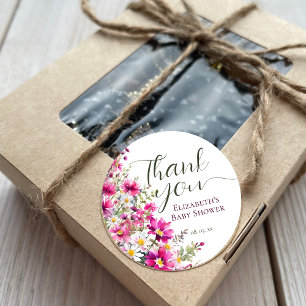Blommigten Boho Baby Shower Bright Rosa Wildblommo Runt Klistermärke