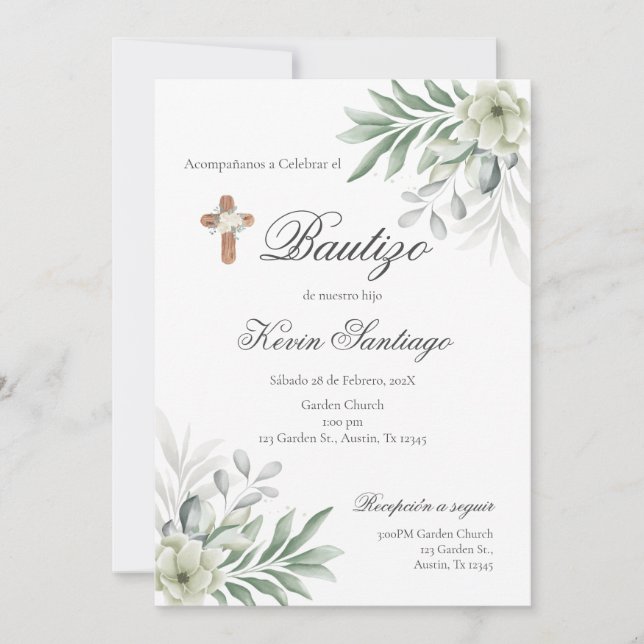 Blommigten Boho Baptism Español Invación Inbjudningar (Framsida)