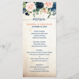 Blommigten Boho Bröllop vid marinblått Rosa ros Meny