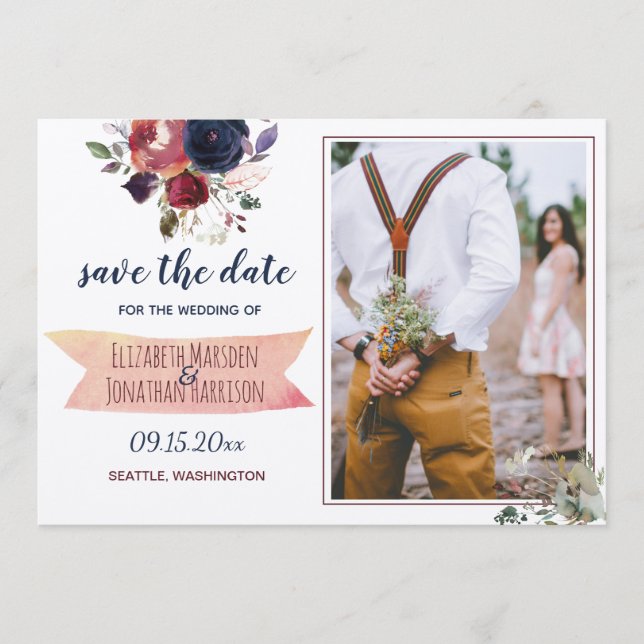 Blommigten Boho Burgundy Navy Photo ZZ Spara datum Datumet (Framsida)