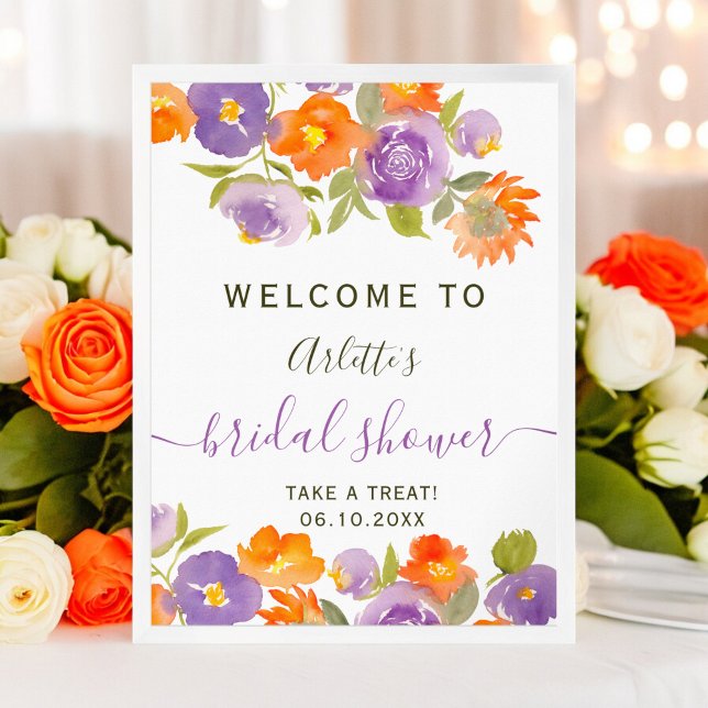 Blommigten Boho Möhippa Orange Sommar Lila välkomm Poster (Summer Purple Orange Floral Boho Bridal welcome Poster)
