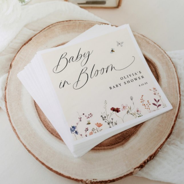 Blommigten Boho Wildblomma & Bees Baby Shower Pappersservett (Boho Wildflower Baby Shower Napkins - Bees & Wildflowers - Baby in Bloom)