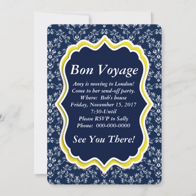 Blommigten "Bon Voyage", inbjudan till chic Navy D (Framsida)