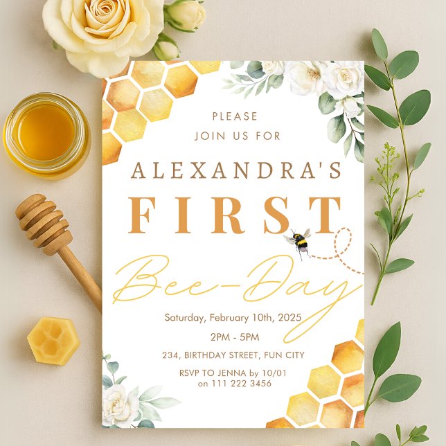 blommigten Böndag Böndag Inbjudningar (1st Bee Day Bee Birthday Girl Floral Invitation)