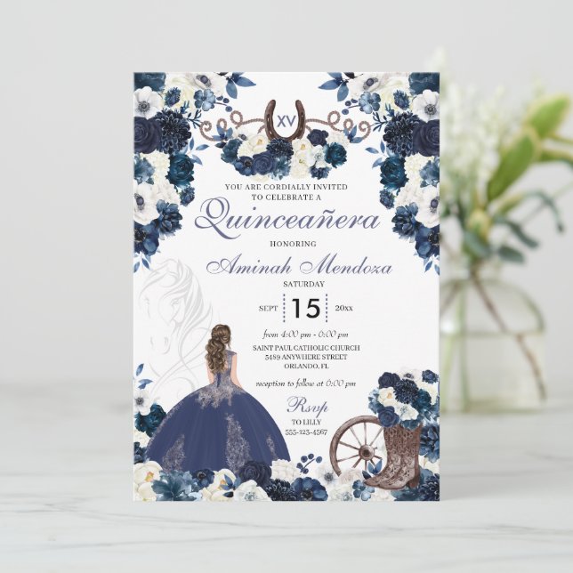 Blommigten Boots Quinceañera, blå Western Charra Inbjudningar (Stående Fram)