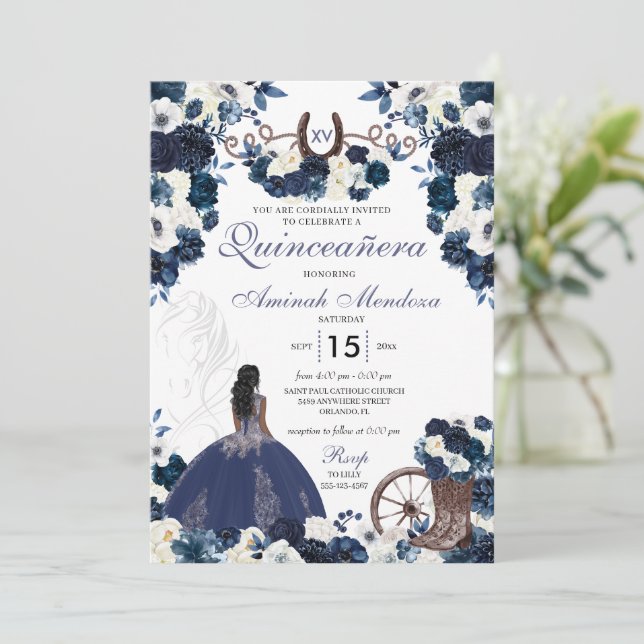 Blommigten Boots Quinceañera, blå Western Charra Inbjudningar (Stående Fram)