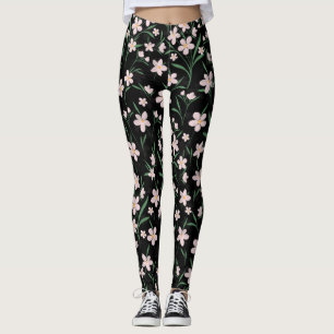 Blommigten Botaniskt svart Rosa Mönster Leggings