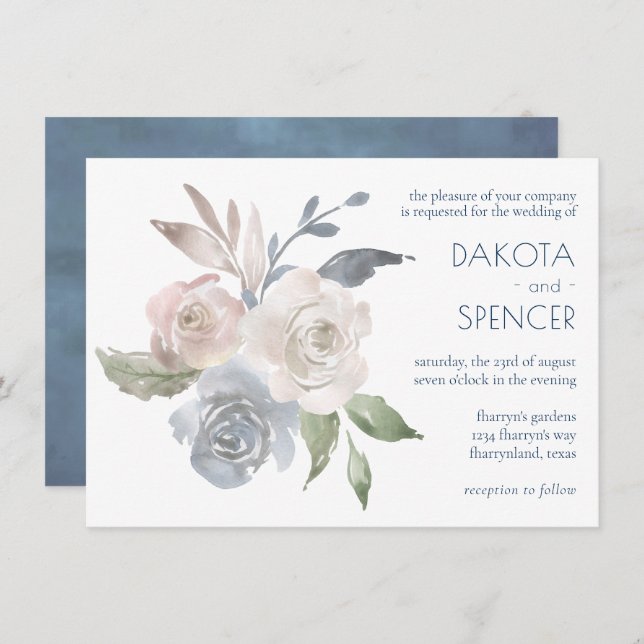 Blommigten Bouquet | Blue Cream Rosa Bröllop Inbjudningar (Fram/baksida)