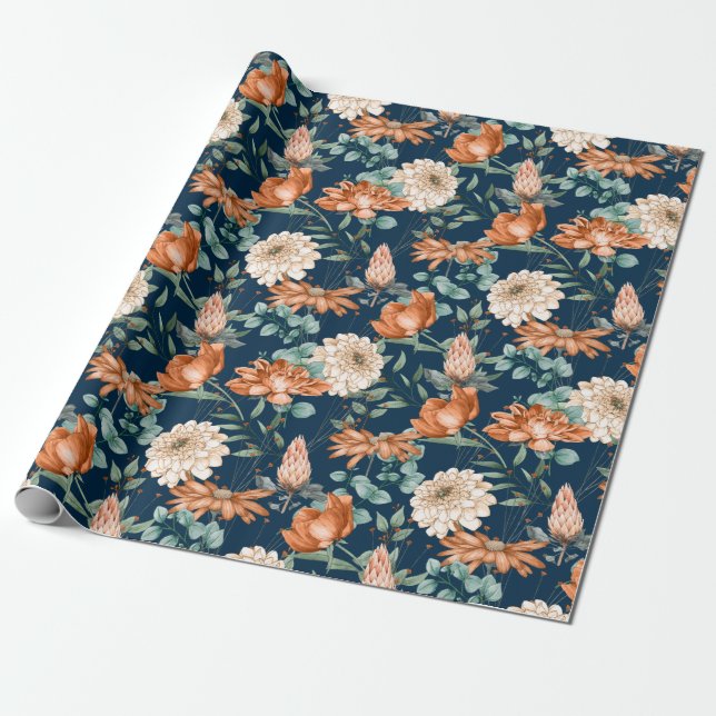 Blommigten Bränd Orange Greenery Mönster Presentpapper (Utrullad)