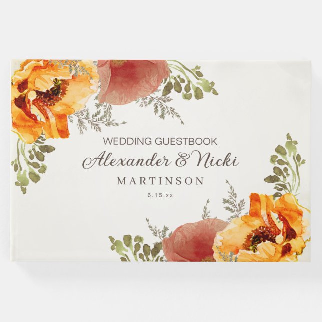 Blommigten Bränd Orange - hösten Bröllop Gästböcker (Framsida)