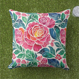 Blommigten Bright Rosa ros och Teal Kudde