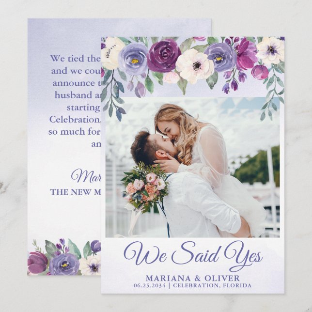 Blommigten Bröllop annons Periwinkle Fuchsia Inbjudningar (Fram/baksida)