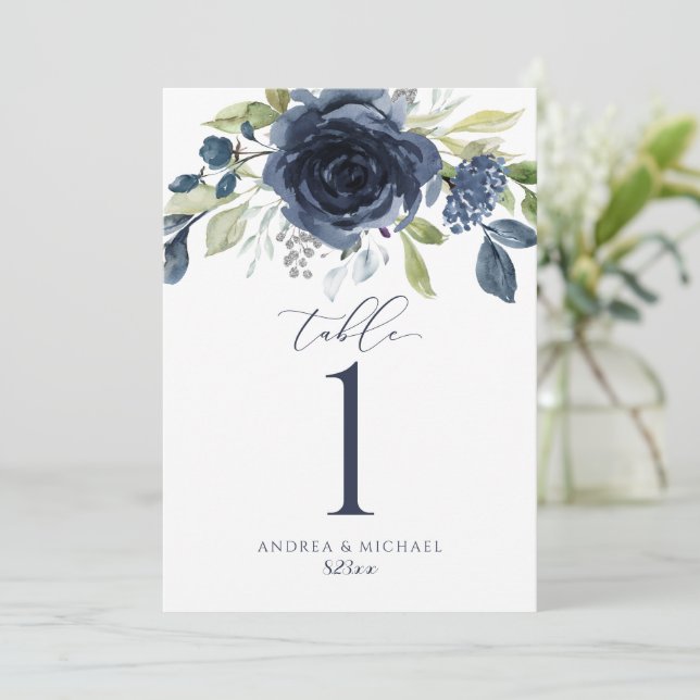 Blommigten Bröllop Bordsnummer Navy Blue Watercolo (Stående Fram)