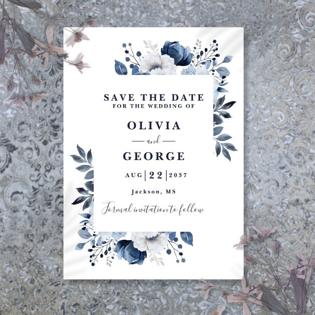 Blommigten Bröllop för marinblå modern vattenfärg Spara Datumet (Navy Blue Modern Watercolor Floral Wedding Save The Date)