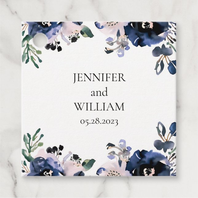 Blommigten Bröllop för marinblått och  Rosa Gåvor Etiketter (Framsida)