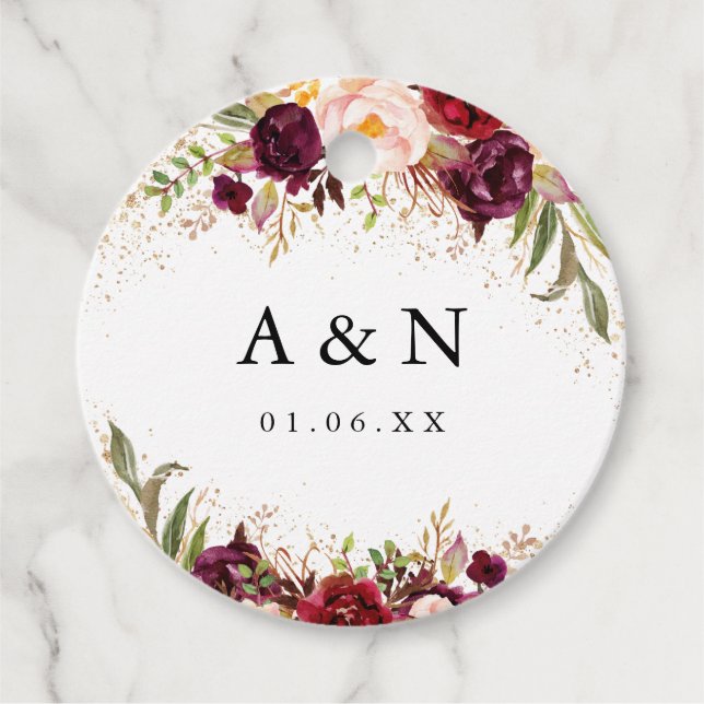 Blommigten Bröllop Guld Dust Burgundy Gåvor Etiketter (Framsida)