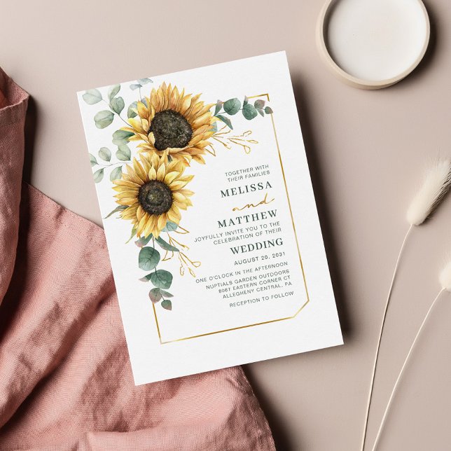 Blommigten Bröllop i budgeten för solros Eucalyptu Anteckningskort (Floral Eucalyptus Sunflower Wedding Invitation)
