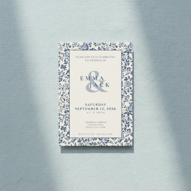 Blommigten bröllop i DelSoftware stil Blue Inbjudningar (Delftware style Blue cream Floral wedding Invitation.)