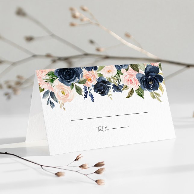 Blommigten Bröllop i den vitryska marinen Blue &   Placeringskort (Whimsical Navy Blue & Blush Pink Floral Wedding Place Card)